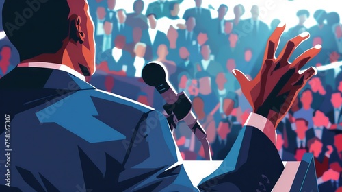 Digital illustration of African American Presidential candidate delivering speech to voters. Orator on stage with microphone. Black man. Concept of political campaign, election rally, diversity.