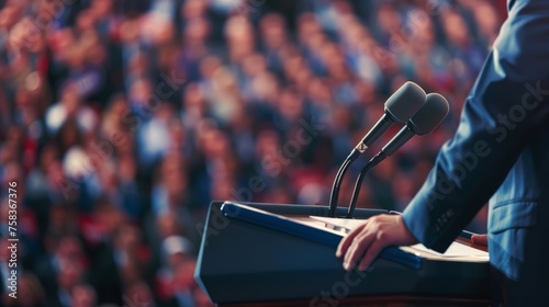 Presidential candidate delivering speech to voters. Orator on stage with microphone. Caucasian man. Concept of electoral campaign, presidential speech, voter engagement, political event. Copy space