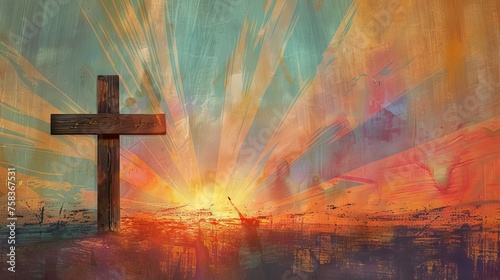Abstract cross against dramatic sunset sky. Bold brushstrokes, vivid colors. Concept of Easter greetings, celebration, resurrection joy, religious, natural burial, memorial. Art. Postcard. Copy space photo