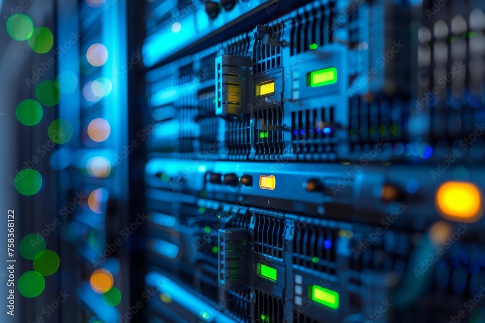 Server racks in data center room. Neon server room for cryptocurrency mining. Cryptocurrency farm and cloud computing. Data protection, cybersecurity, networking communication technology concept Server racks in data center room. Neon server room for cryptocurrency mining. Cryptocurrency farm and cloud computing. Data protection, cybersecurity, networking communication technology concept