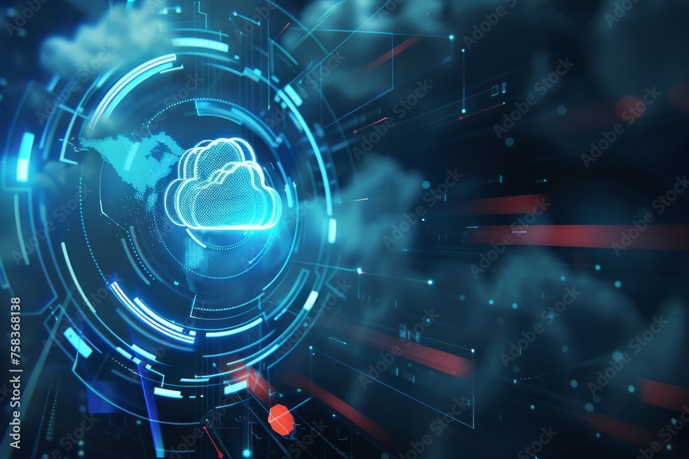 Fototapeta premium Digital hologram with blue cloud icon on binary code background. Cloud service and cloud storage. Cloud computing technology, data transfer protection, online data storage for business network concept