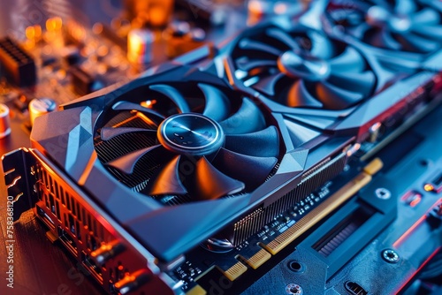 Cryptocurrency mining rigs in a data center room. Graphics cards GPU in mining farm or 3d render. Neon server room for cryptocurrency mining. Cryptocurrency farm and blockchain technology concept