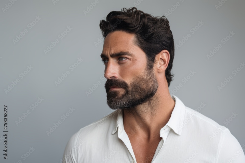 Portrait of handsome man with beard and mustache looking away while standing against grey background Portrait of handsome man with beard and mustache looking away while standing against grey background
