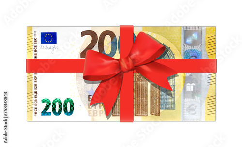 Geldgeschenk, Geldschein Geschenk 200 Euro Schein mit Geschenk Schleife,
Vektor Illustration isoliert auf weißem Hintergrund
