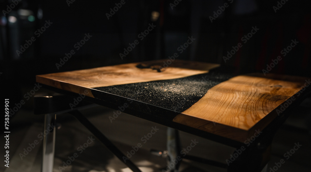 solid wood table with epoxy resin - obrazy, fototapety, plakaty 