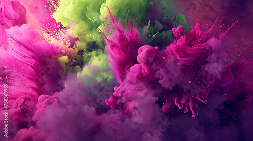 Vivid magenta and lime green paint explosions creating an abstract dance of colors.