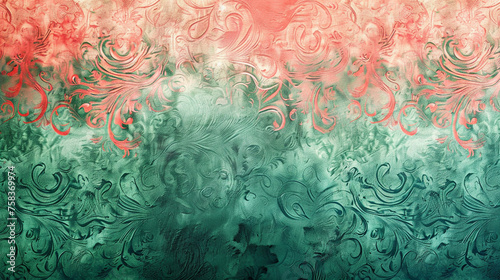 Lush jade and coral pink paint swirls blending seamlessly on a textured canvas background.