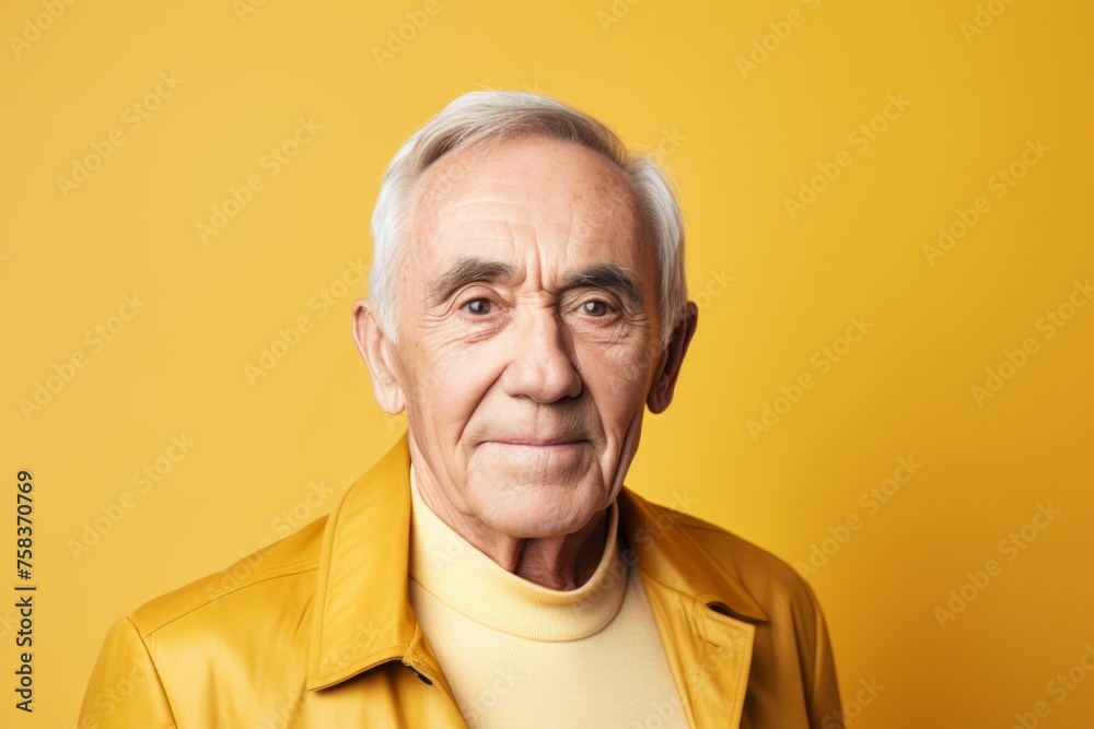 Portrait of an elderly man in a yellow jacket on a yellow background Portrait of an elderly man in a yellow jacket on a yellow background