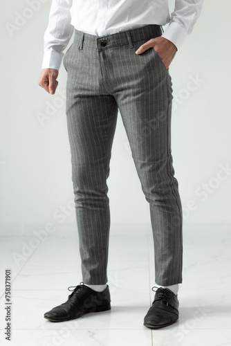 Bulgaria - 03 19 2024: Grey thight male pants for every occasion.