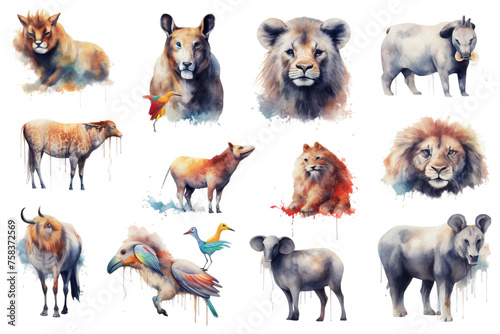 materials white colors animals set background painted nature watercolors manner teaching created ai realistic themed books african ideal designs