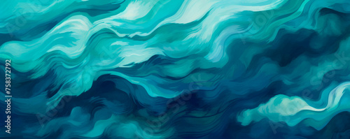 A captivating abstract painting illustrates dynamic waves in blue and green, swirling and colliding in a spellbinding movement display, evoking the ocean's unstoppable energy. Banner. Copy space.
