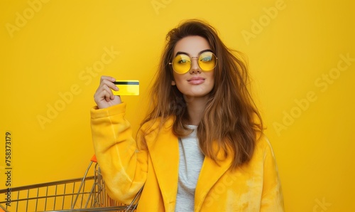 A trendy woman in a yellow coat and matching sunglasses holds a credit card, her stylish demeanor poised for a shopping spree against a vibrant yellow backdrop.