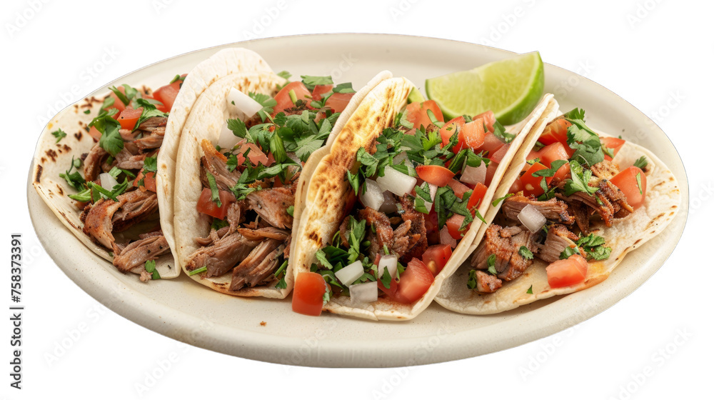 Carnitas Tacos on a plate isolated on transparent png background. Generative ai 