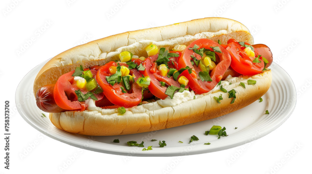 Chicago-Style Hot Dog on a plate isolated on transparent png background. Generative ai Chicago-Style Hot Dog on a plate isolated on transparent png background. Generative ai