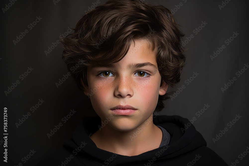 Portrait of a boy in a black hoodie on a dark background Portrait of a boy in a black hoodie on a dark background