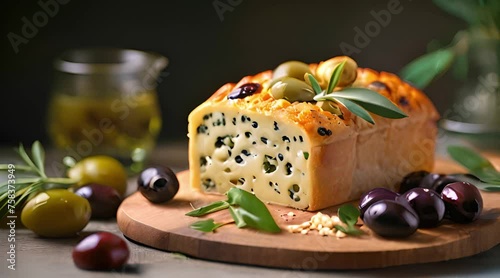 Homemade Savory Cheese Loaf Garnished with Fresh Olives, Culinary Delight
 photo