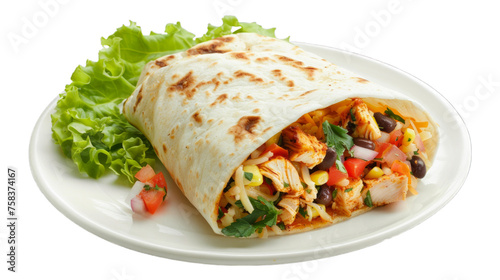 Chicken Burrito on a plate isolated on transparent png background. Generative ai 