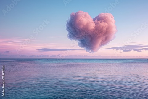 Pastel Heart-Shaped Cloud Over Serene Sea at Sunset. Generative AI.
