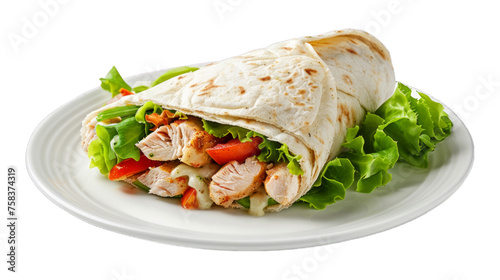 Chicken Caesar Wrap on a plate isolated on transparent png background. Generative ai  photo