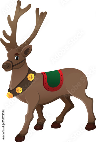 Illustration of a Christmas reindeer with blue eyes and huge antlers. Reindeer with bells and saddle. Isolated on white background