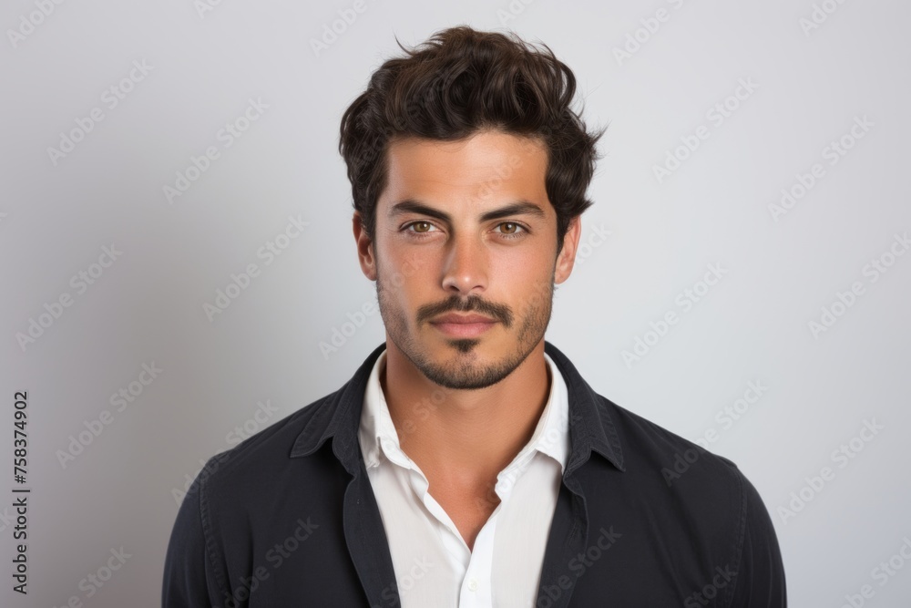 Portrait of a handsome young man in a black shirt, over grey background. Portrait of a handsome young man in a black shirt, over grey background.
