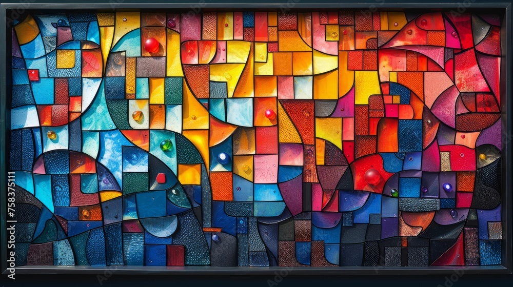 Stained glass art full of vibrant colors resembling a graffiticovered building