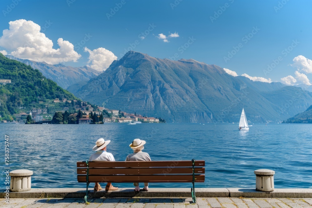 Photo of an elderly couple sitting on the bench and enjoying their vacation by Lake Como, Italy. They have white hair with blonde highlights and they wear hats Generative AI