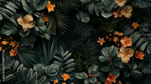 vines and flowers on a matt black background with copy space