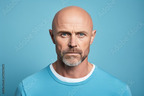Portrait of mature man with white beard and mustache looking at camera on blue background