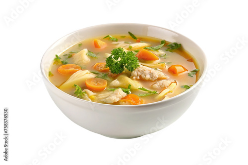 Chicken soup in a bowl. Isolated on a transparent background.