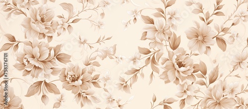 A closeup of a floral pattern featuring delicate petals, twigs, and grass on a white background. The beige and frost accents add a freezing touch to this beautiful flowering plant design