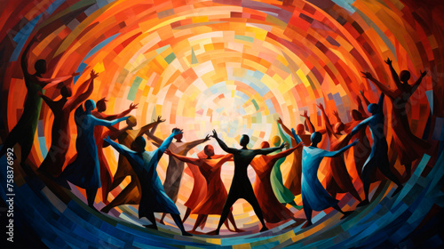This painting vibrates with the energy of a group engaged in joyful dance, their collective movement and spirit encapsulated in a festive tableau. Banner. Copy space.