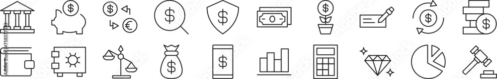 Set of thin line icons of banking. Editable stroke. Simple linear illustration for web sites, newspapers, articles book Set of thin line icons of banking. Editable stroke. Simple linear illustration for web sites, newspapers, articles book