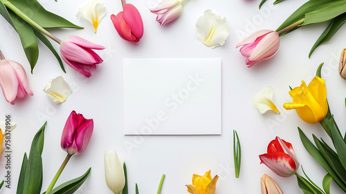 Colorful tulips on white background with blank note paper in the center.