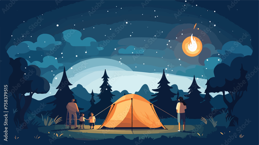 A family going camping with a tent campfire  - obrazy, fototapety, plakaty 