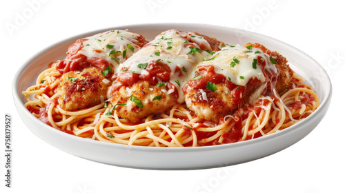 Chicken Parmesan Spaghettion a plate isolated on transparent png background. Generative ai 
