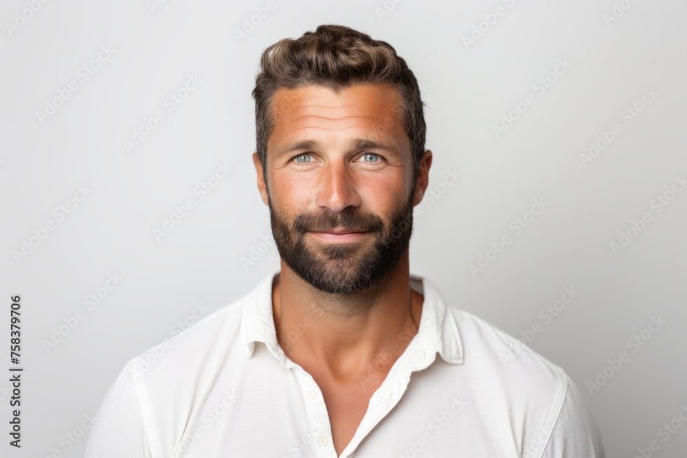 Handsome man with beard and mustache in white shirt on grey background Handsome man with beard and mustache in white shirt on grey background