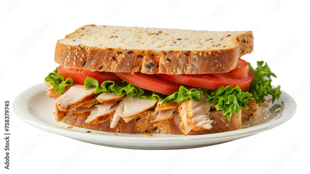 Chicken Sandwich on a plate isolated on transparent png background. Generative ai Chicken Sandwich on a plate isolated on transparent png background. Generative ai