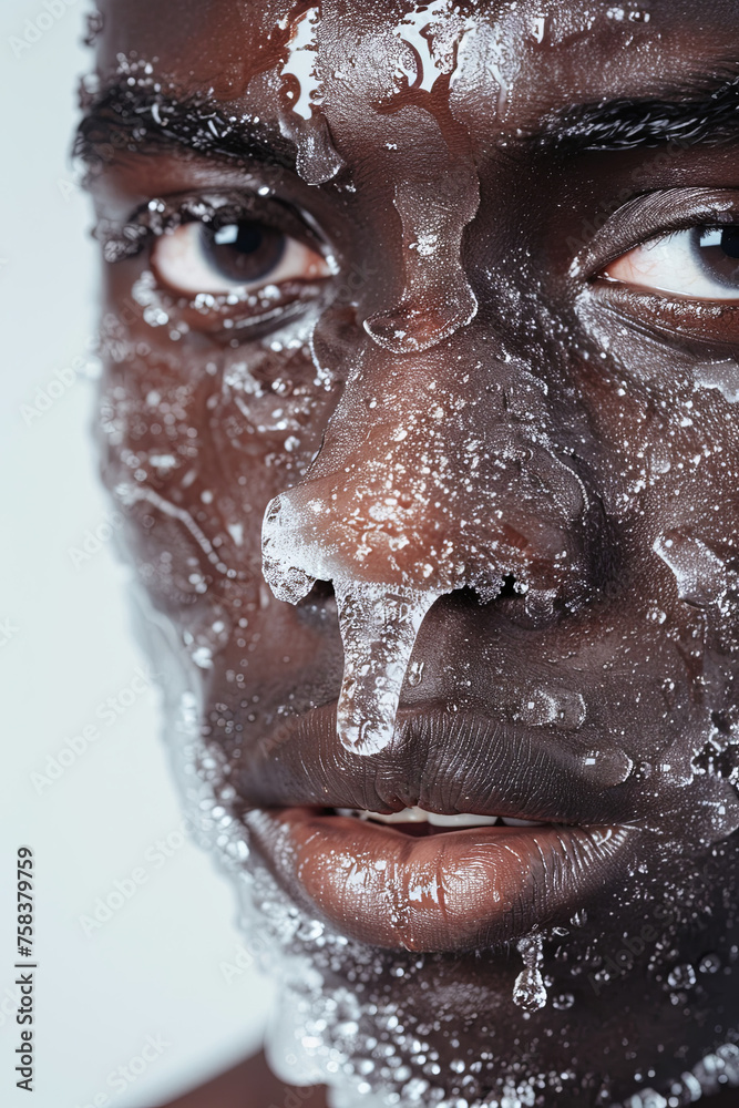 Obraz premium A handsome model face is covered with ice