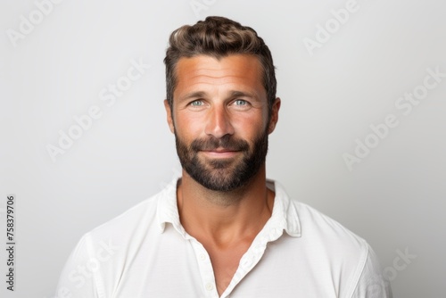 Handsome man with beard and mustache in white shirt on grey background