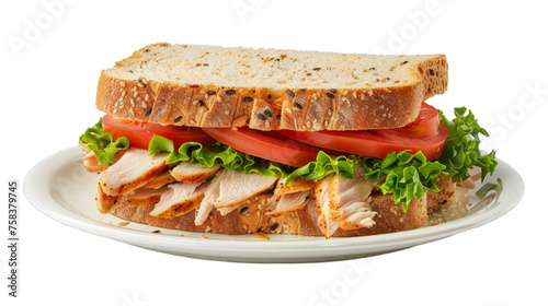 Chicken Sandwich on a plate isolated on transparent png background. Generative ai 