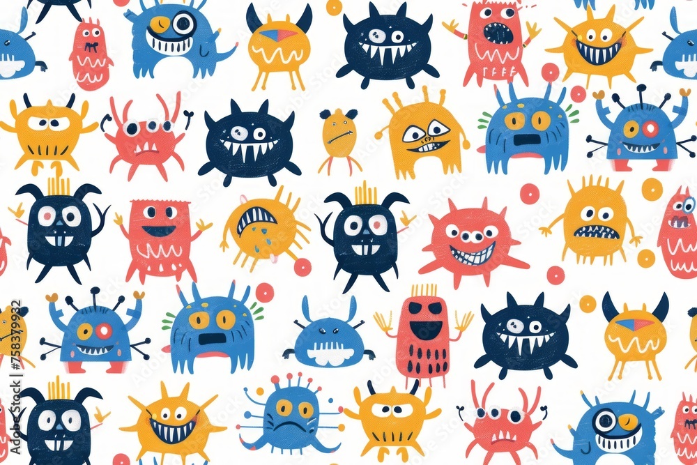 cute and colorful little monsters, different pose seamless pattern