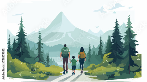 A family going on a hike through a scenic landscape