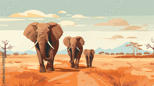 A family of elephants walking peacefully through 