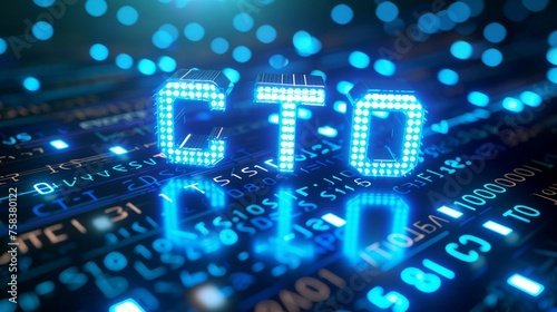 blue matrix binary code forms the acronym CTO , symbolizing the concept of Chief Technology Officer. 