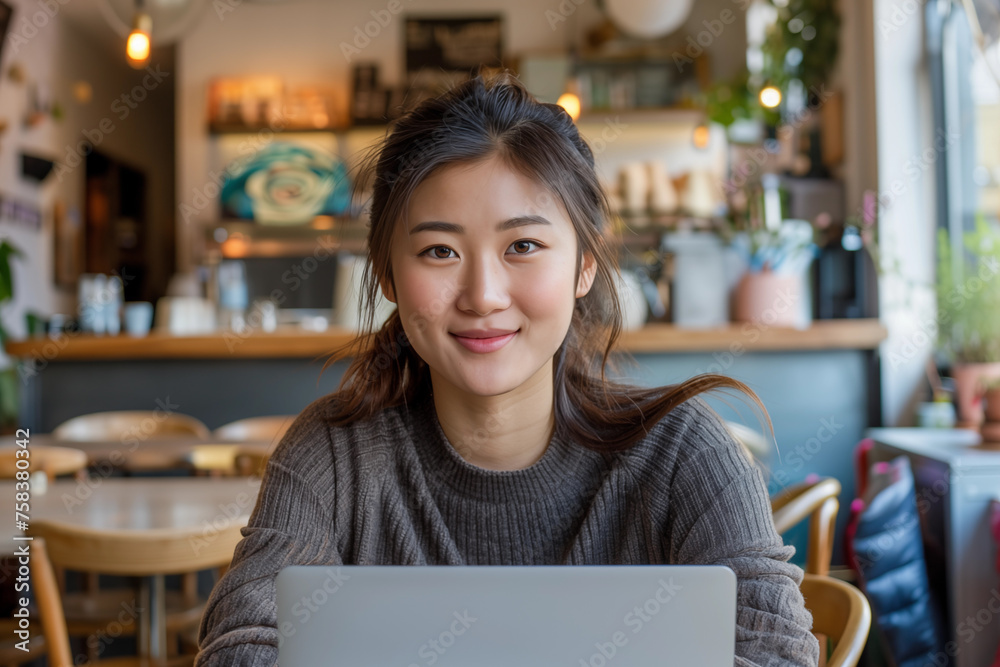 Young asian woman smiling while working on laptop in a cozy cafe Young asian woman smiling while working on laptop in a cozy cafe
