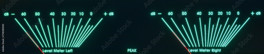 Audio Network Streamer, DAC, and Amplifier Dual VU Meters Glowing in the Dark. - obrazy, fototapety, plakaty 