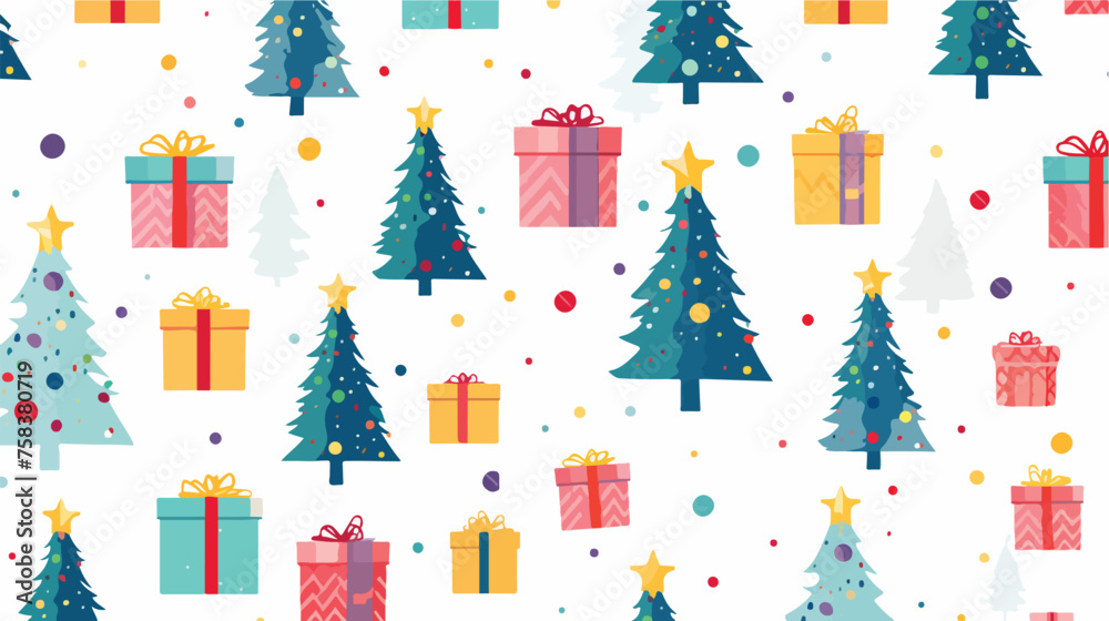 A festive pattern of Christmas trees and presents 