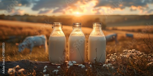 Bottles of fresh milk on a pasture with grazing cows