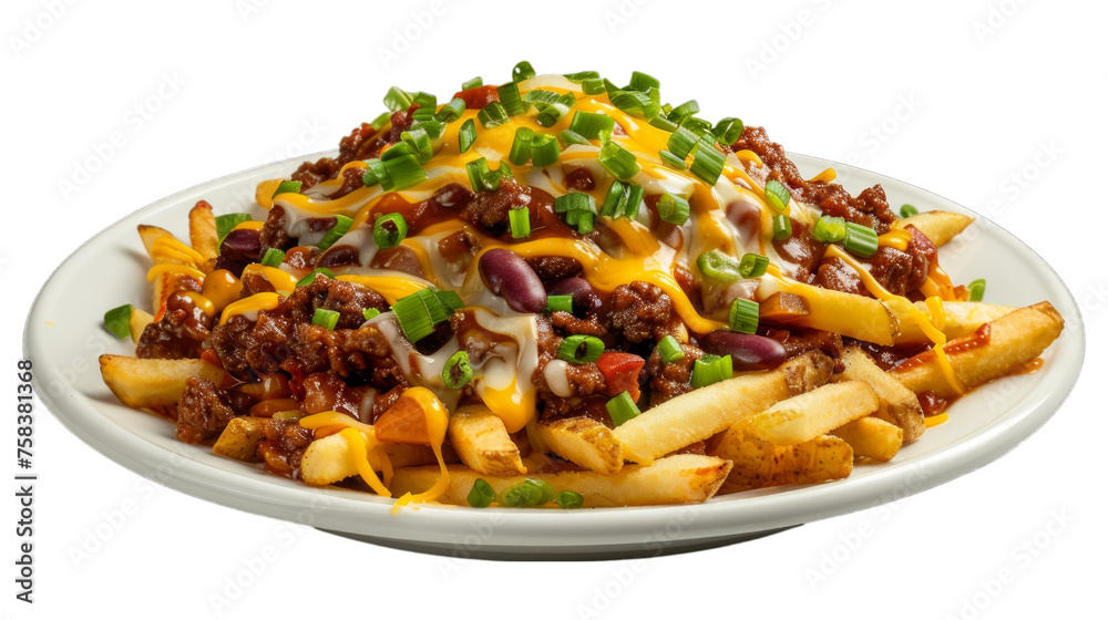 Chili Cheese Fries on a plate isolated on transparent png background. Generative ai Chili Cheese Fries on a plate isolated on transparent png background. Generative ai